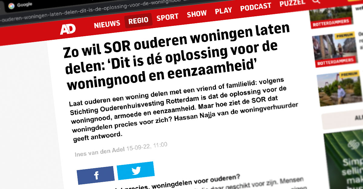Woning delen oplossing voor woningnood, armoede en eenzaamheid